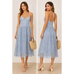 ABS Collection Light Blue Guipure Lace Midi Dress V-Neck Cross Back 12